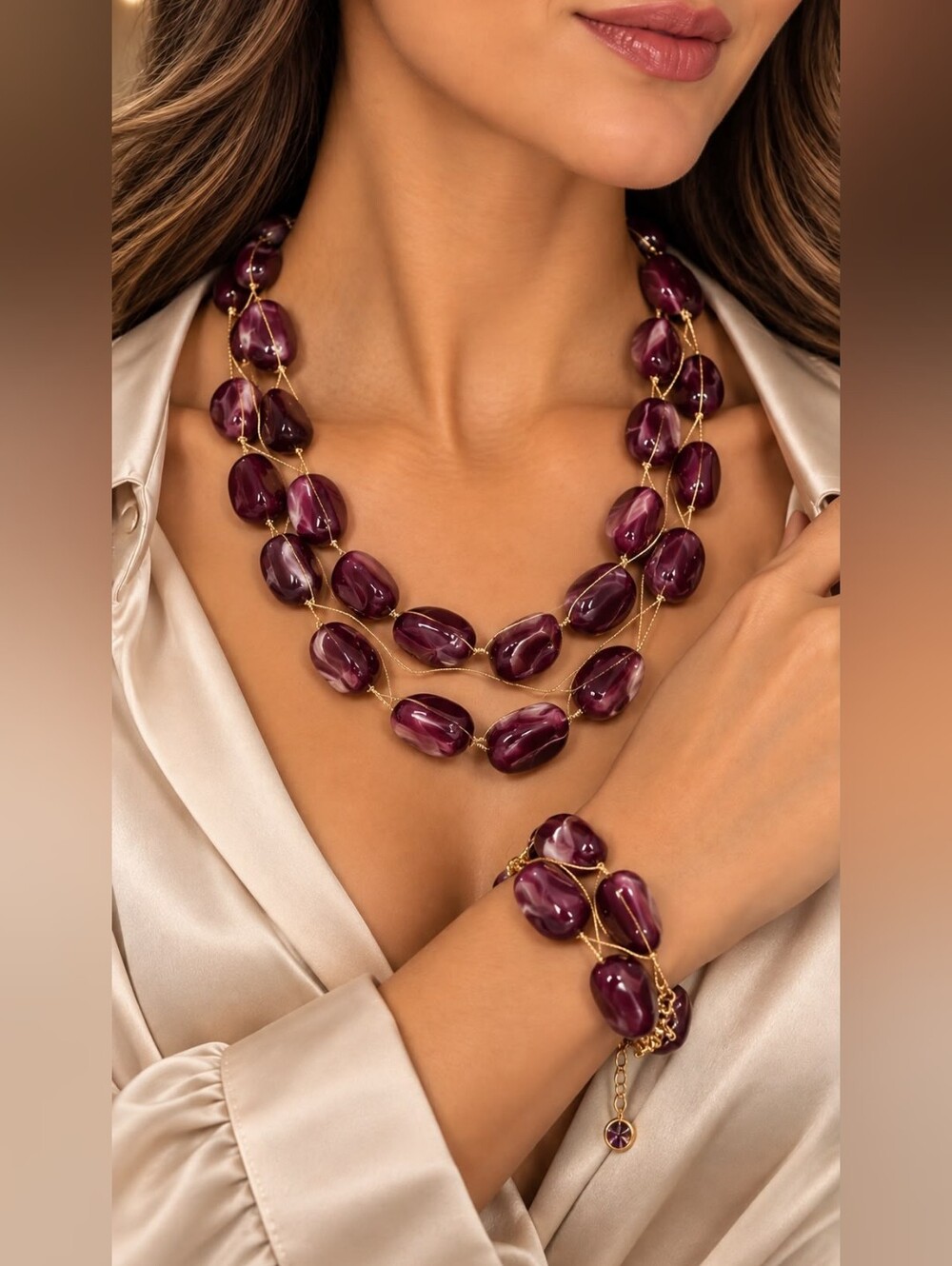 A8 Elegant Purple Beaded Multi-Strand Necklace and Bracelet Set